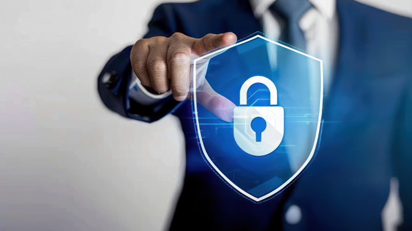 A businessman touching security shield with padlock icon on virtual screen illustrating cyber security concept