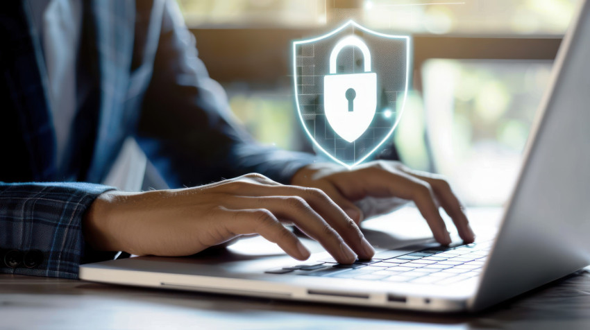 A business person types on laptop with digital padlock and shield icons floating above illustrating cyber security concept