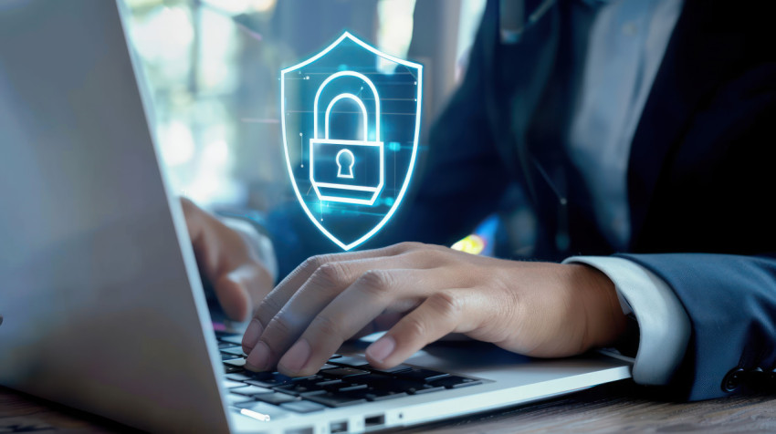 A business person types on laptop with digital padlock and shield icons floating above illustrating cyber security concept