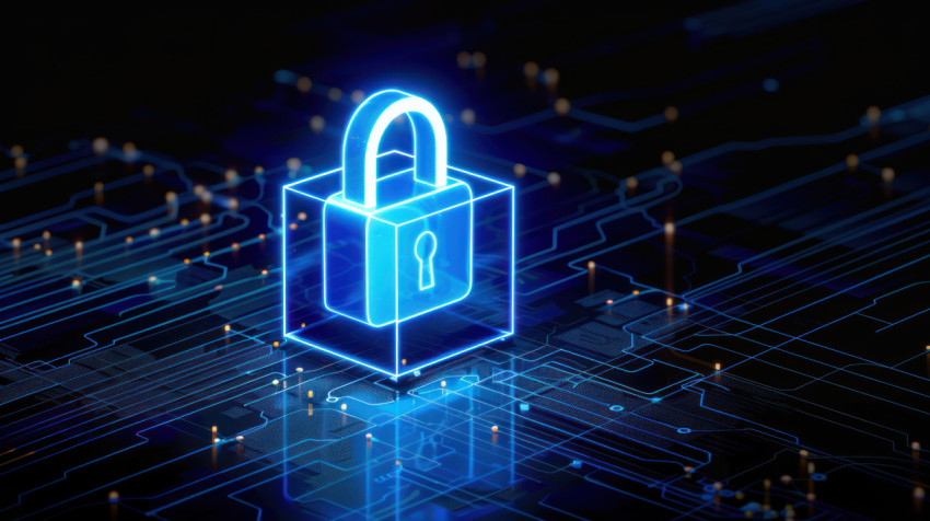 A glowing blue padlock icon on digital cube against dark background symbolizing digital security