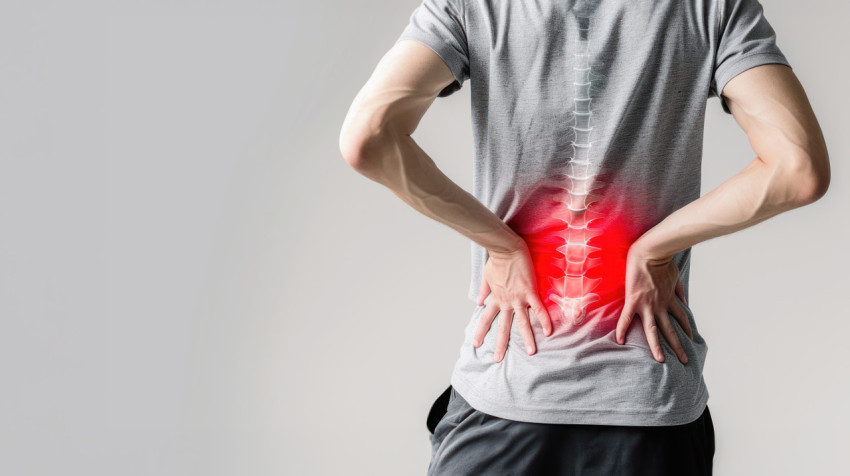 A young man with back pain holds his lower body isolated on a white background healthcare and back pain