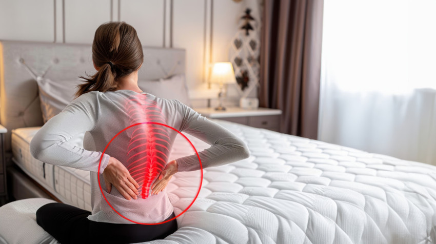 A woman with back pain sits on the edge of her bed showing discomfort and health issues