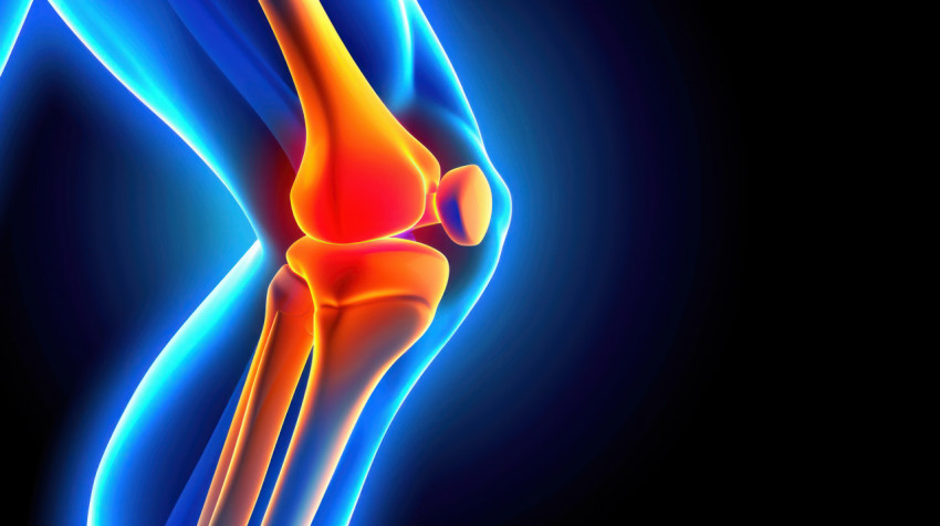 Knee joint animation highlighted blue orange colors dark background demonstrating healthcare knee pain