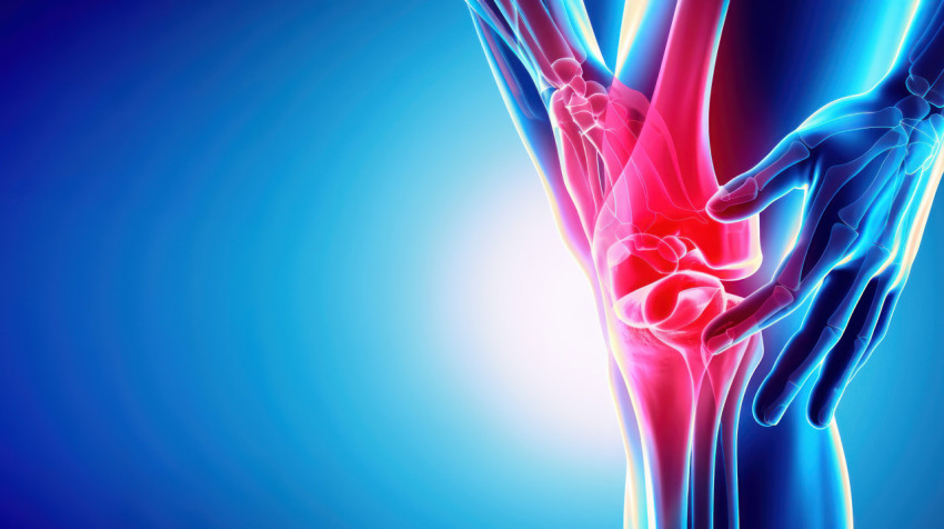 Human knee x ray highlights pain damaged joints on red on blue background healthcare and knee pain concept