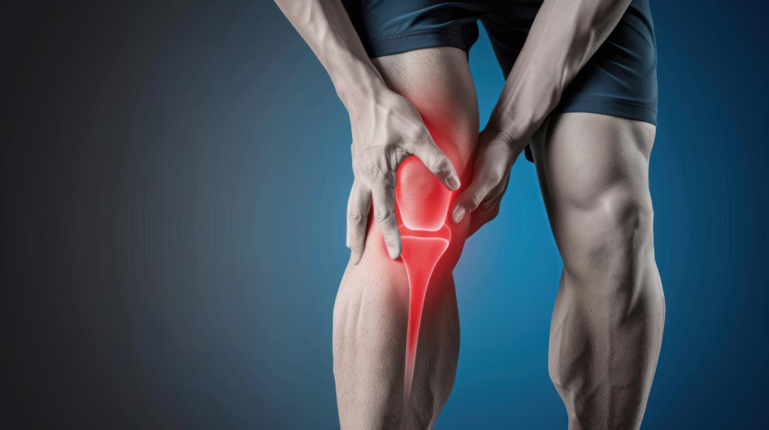 A man holds his knee with a red pain point on a blue background showing the healthcare and knee pain concept