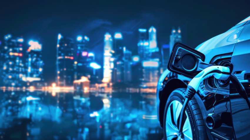 A futuristic electric vehicle charging at night with city skyline background showing eco friendly transport concept