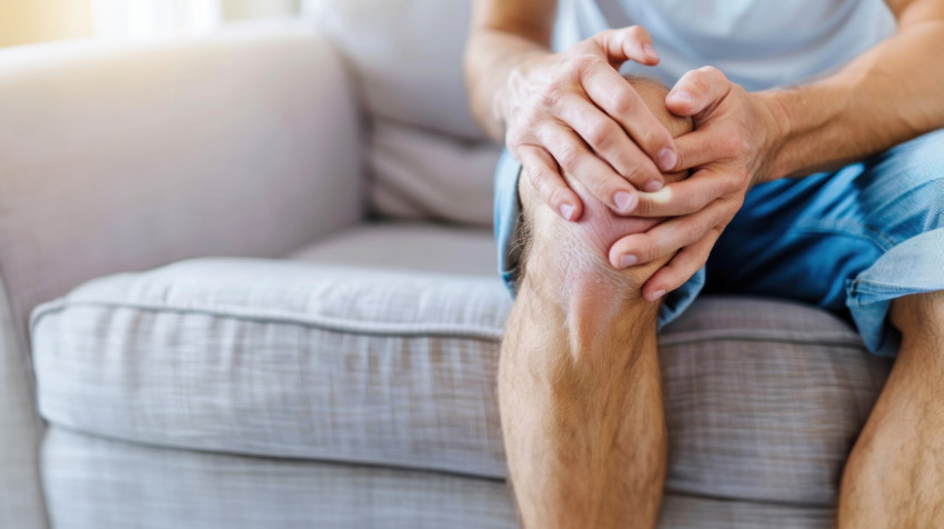 A man sits on the sofa at home holding his knee in pain showing healthcare and knee pain concept