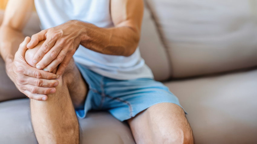 A man sits on the sofa at home holding his knee in pain showing healthcare and knee pain concept