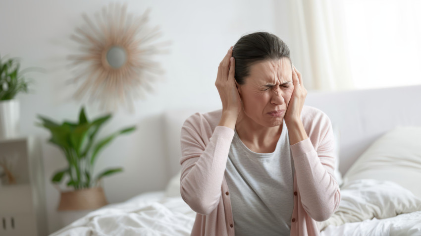 A woman in her thirties sits the edge of an unmade bed holding a head with both hands healthcare and headache concept.