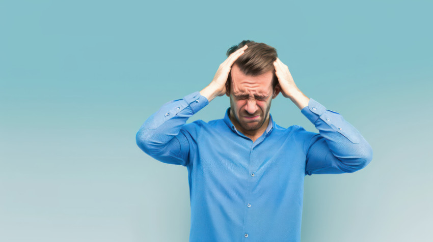 A man in a blue shirt holds his head with both hands illustrating healthcare and headache concept