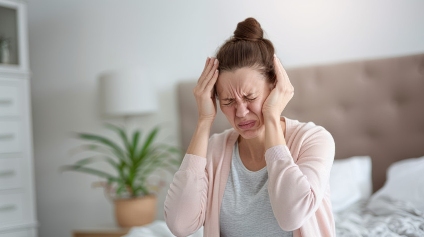 A woman in her thirties sits the edge of an unmade bed holding a head with both hands healthcare and headache concept.