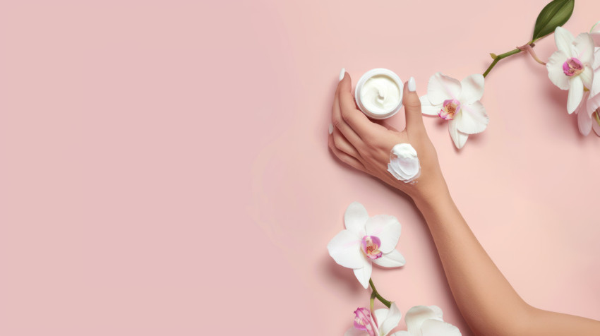 A woman hand with white nail polish applying cream on her arm skincare concept