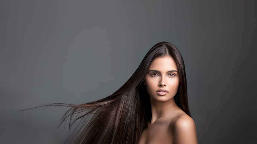 An Indian woman with long straight hair set against a gray background skincare concept