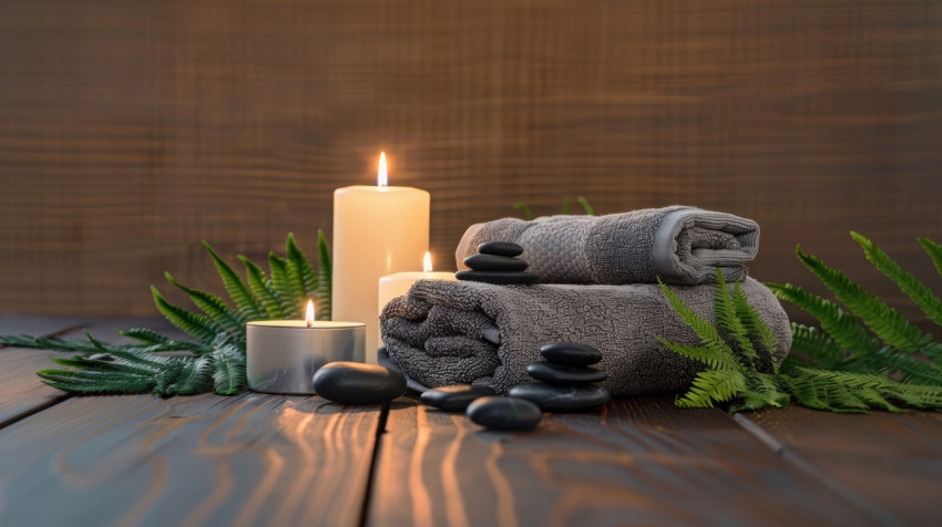A spa setting with candles grey towel and black rocks on wooden table with fern leaves skincare concept