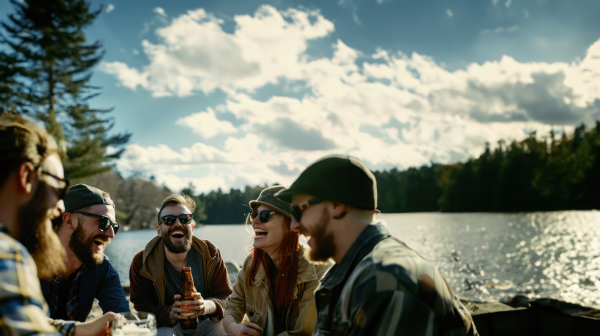 A group of friends laughing and enjoying beer by the lake with nature in the background showing friendship