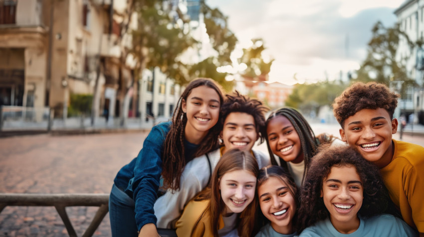 A group of multiethnic young people smiling and posing for the camera outdoors showing friendship day