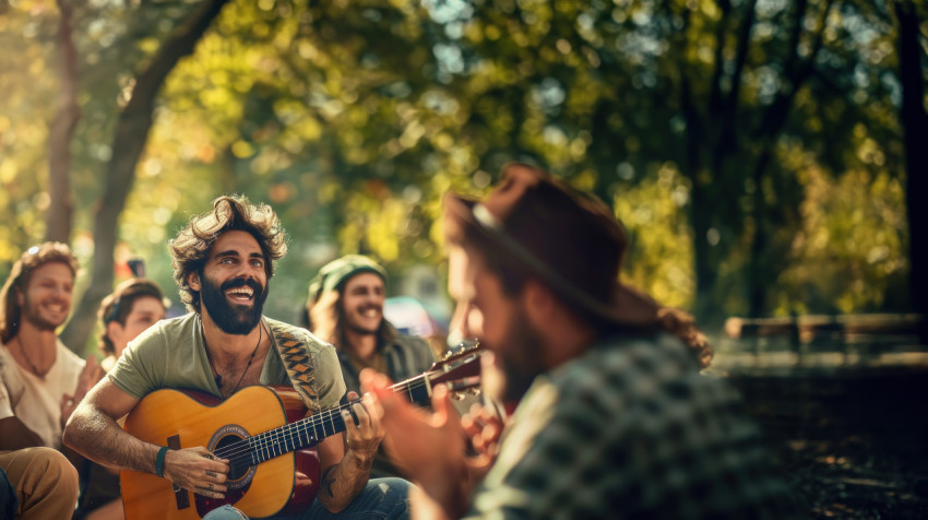 A group of friends having fun at an outdoor music festival enjoying music and showing friendship day