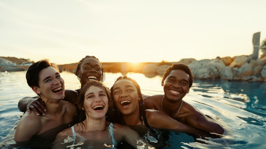 A group of diverse friends laughing and having fun in the water at sunset showing friendship day