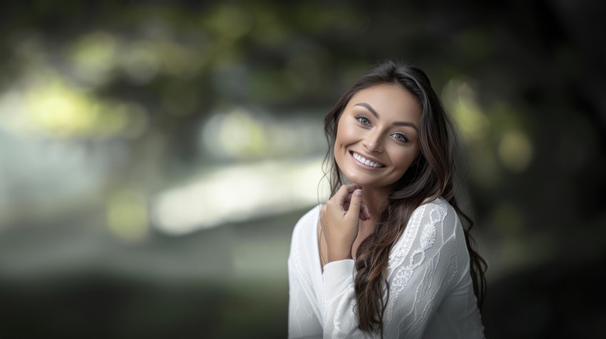 An American woman smiling with her hand under her chin in posing for a blurred background skincare concept