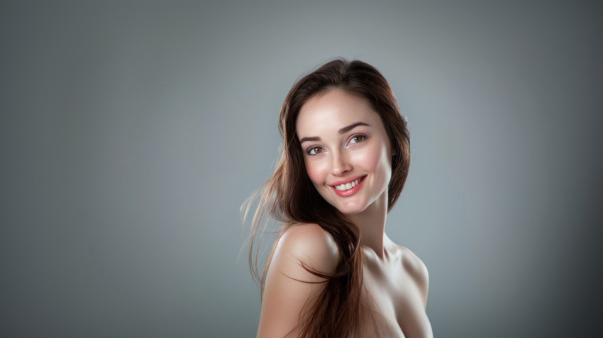 An American woman with long hair smiling at the camera for skincare campaign plain grey background skincare concept