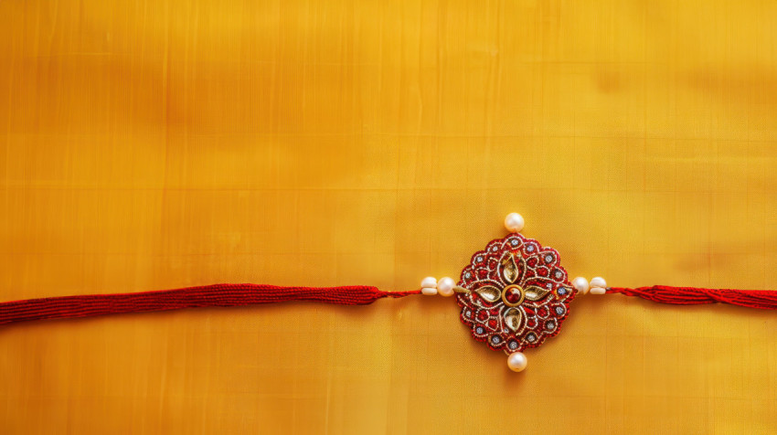 A simple and elegant red thread with indian rakhi on yellow background symbolizing raksha bandhan concept