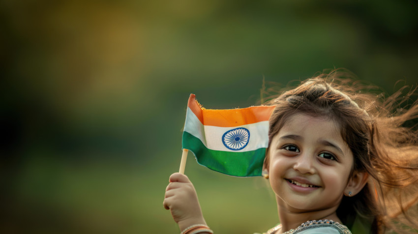 A cute little girl smiling and holding the Indian flag in her hand symbolizing Independence Day