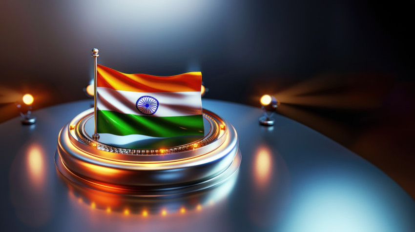 A flag placed on a round podium with a shiny metal surface from a perspective angle Independence Day