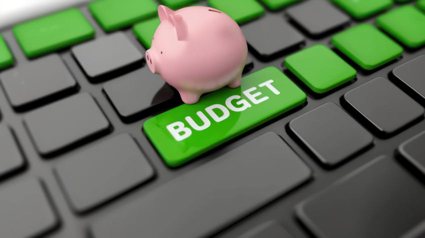 A small pink piggy bank on top green keyboard key with the word budget illustrating budget concept