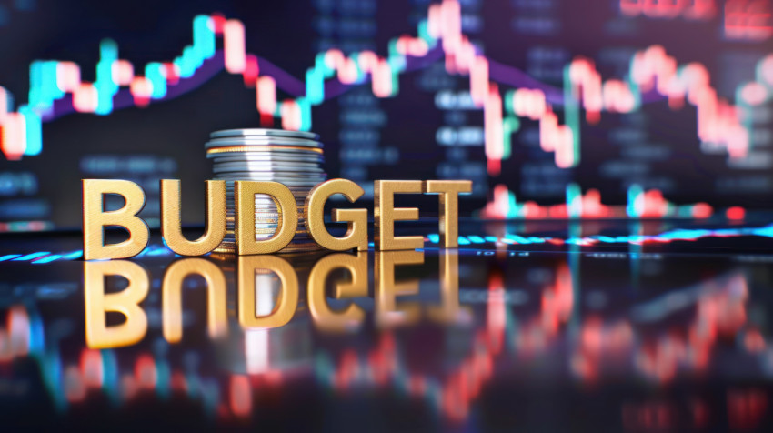 Coins with stock market chart background and the word budget illustrating financial budget concept