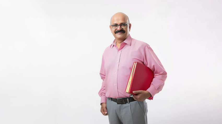 Indian male teacher in pink shirt and grey pants