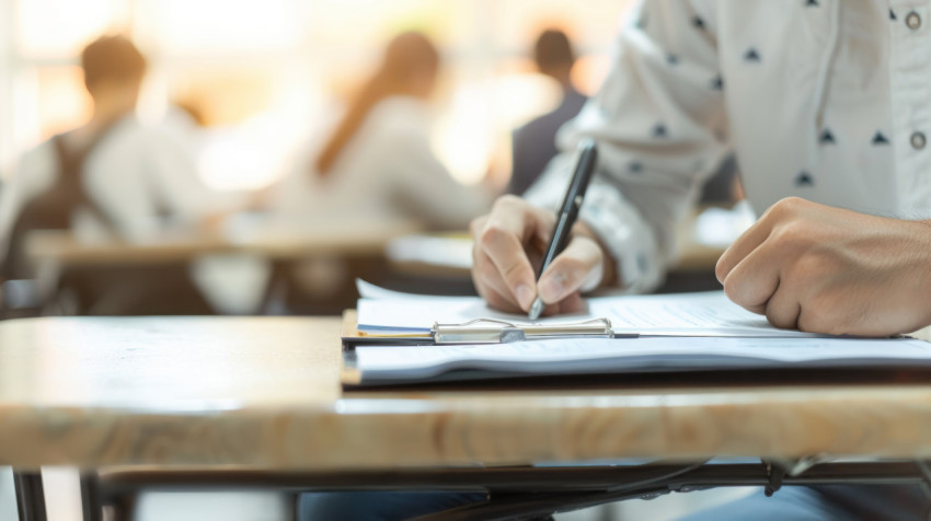 Students concentrated at desk writing exams with pen on paper teachers day celebrations