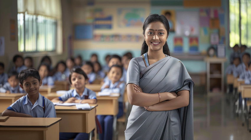 Young Indian female teacher in sari with arms crossed smiling at camera celebrating Teachers Day