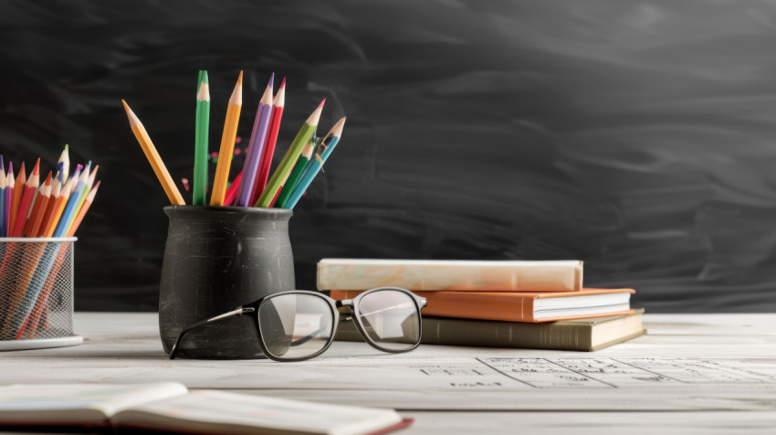 Colorful pencil pot filled with glasses books and colored pencils on a school desk against a blackboard background celebrating teachers day