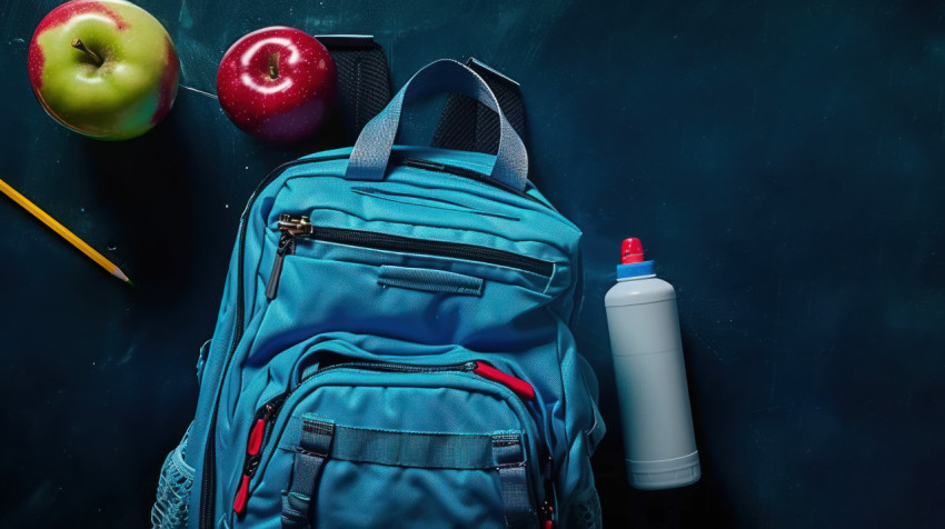 Blue backpack surrounded by scattered school supplies like apples and pencils on a dark background celebrating teachers day