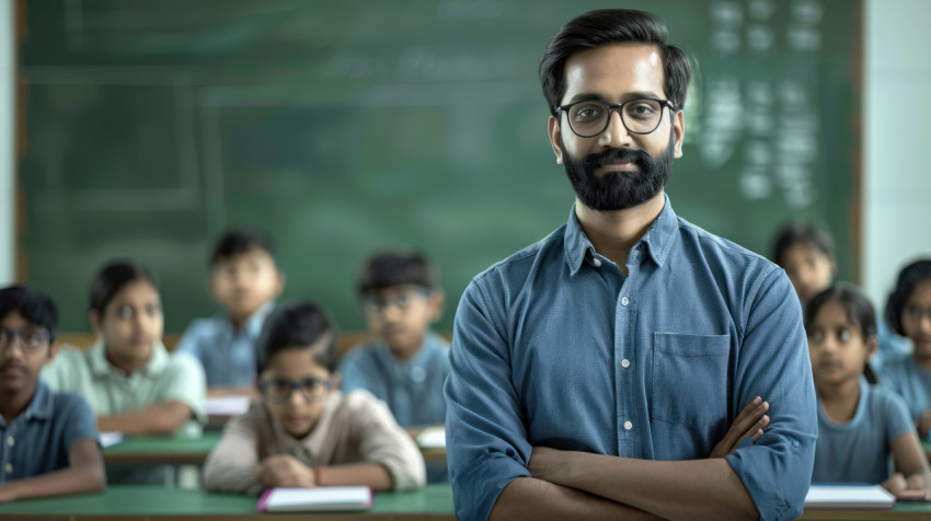 Handsome indian male teacher with glasses and blue shirt standing proudly in front of seated students celebrating teachers day classroom leadership