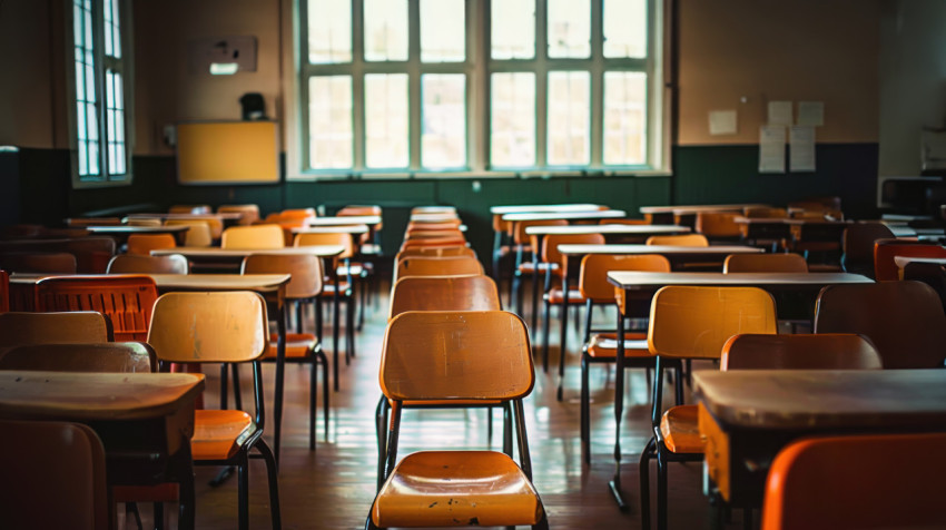 Empty classroom with rows desks and chairs teachers day decorations