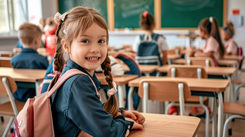 Cute little girl sitting in classroom smiling and looking at camera with other children behind her celebrating teachers day