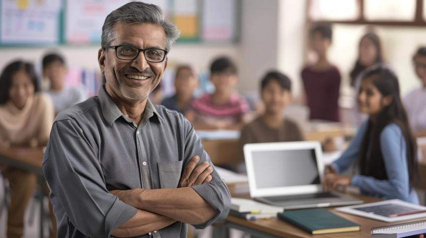 Smiling indian male teacher with glasses stands in front of students with arms crossed celebrating teachers day