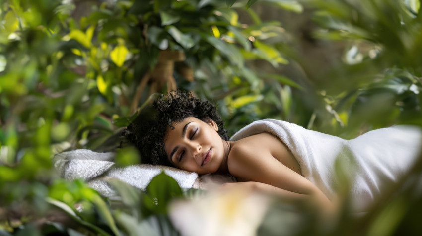 An Indian woman with short curly hair lying on her back in a spa for body massage and relaxation and surrounded by greenery