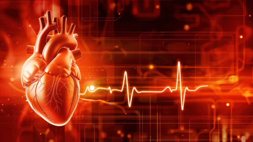 Detailed illustration of a heart with visible veins and lines emphasizing heart anatomy red background
