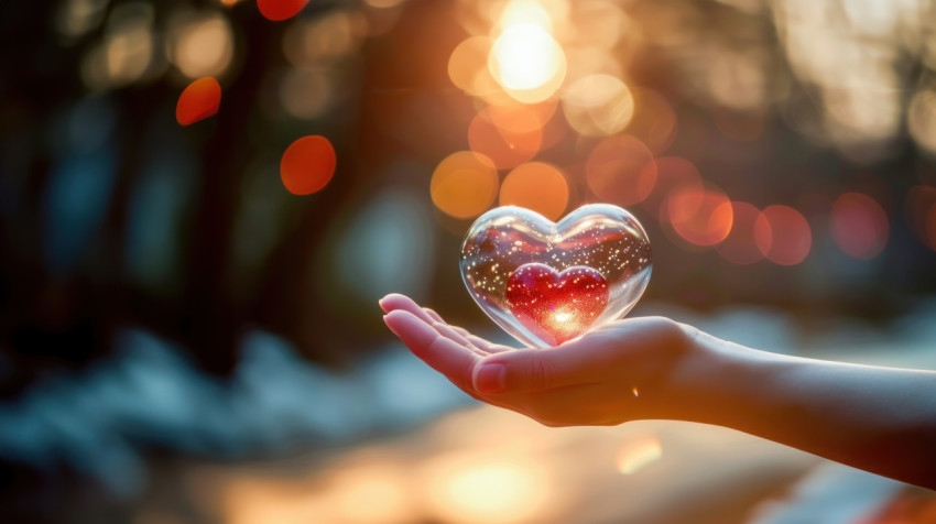 A heart shaped glass sphere held in the palm of an outstretched hand with warm sunlight casting soft shadows and a blurred background