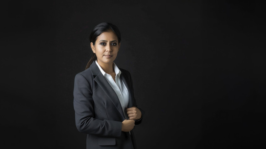 Indian woman in business attire standing against a black background