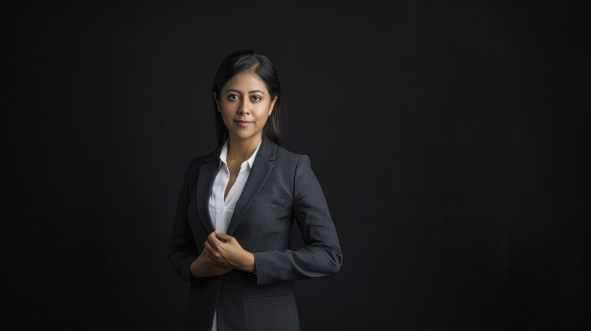 Indian woman in business attire standing against black background