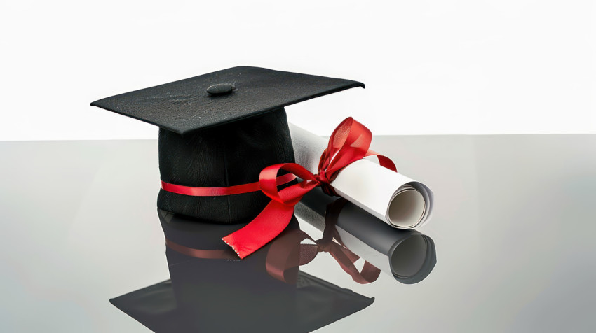 Black graduation cap with red ribbon and white diploma on the table isolated on white background