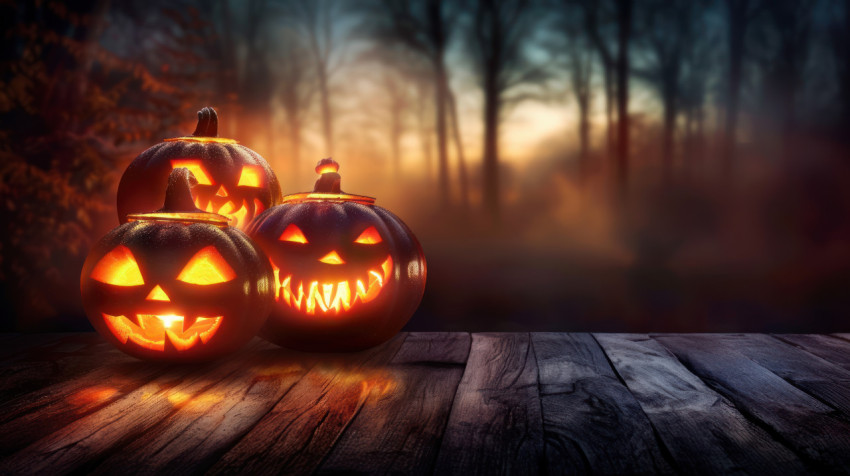 Halloween pumpkins glowing against a foggy woods background at dusk on a wooden table with copy space spooky scene