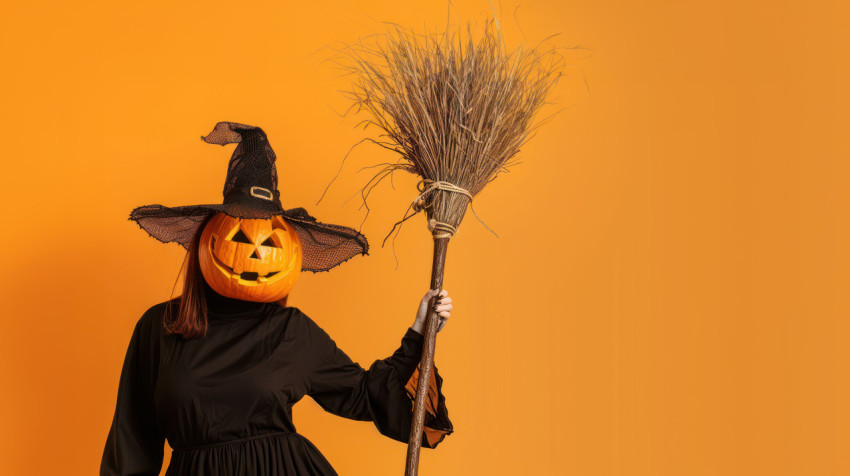 Halloween witch with a pumpkin head and broom posing on a colorful background festive and spooky