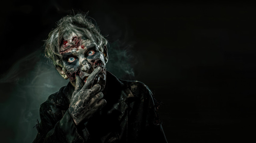 A halloween zombie with his finger to his lips holding up two fingers and looking at the camera dark background