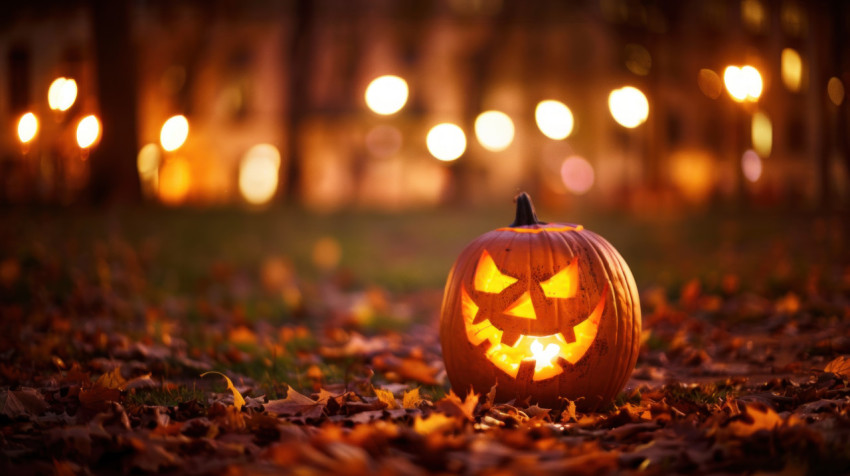 Halloween pumpkin with a carved face on the ground in a park at night festive decoration