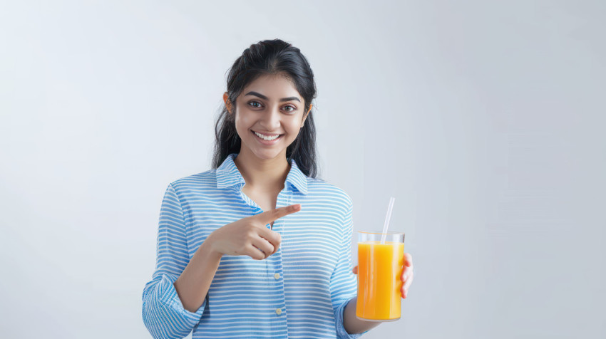 An Indian woman pointing at a glass holding orange juice and offering a refreshing beverage