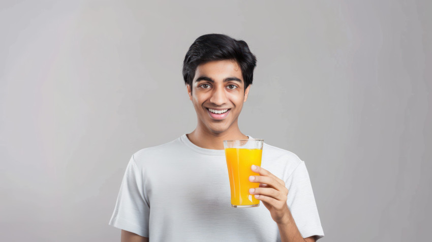 An Indian man holding an orange juice glass looking at the drink with excitement isolated on grey background
